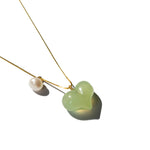 Puffed heart — Green jade & pearl pendant necklace - seree