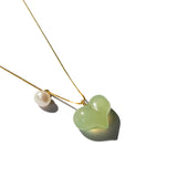 Puffed heart — Green jade & pearl pendant necklace - seree