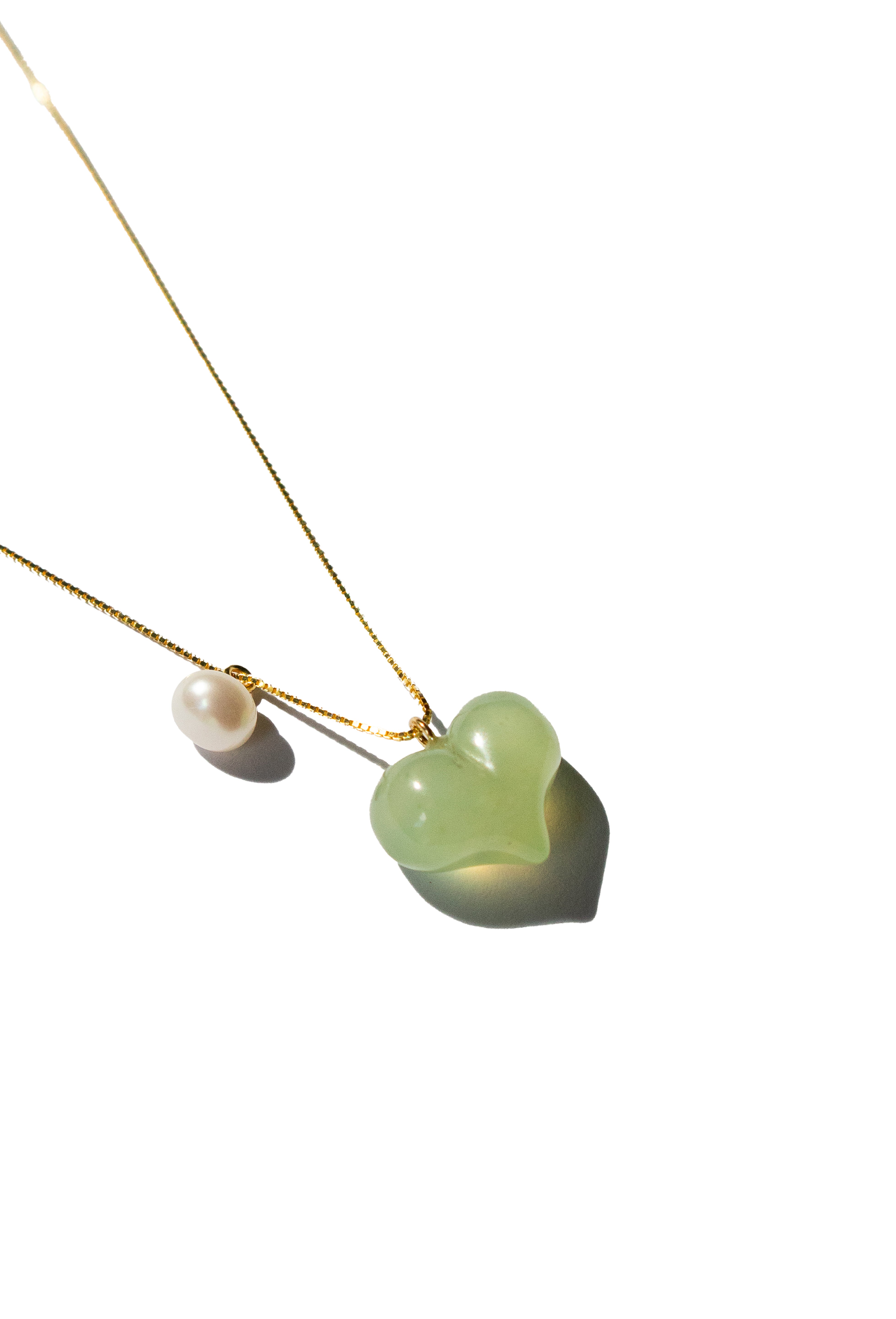 Puffed heart — Green jade & pearl pendant necklace - seree