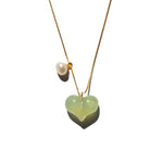 Puffed heart — Green jade & pearl pendant necklace - seree