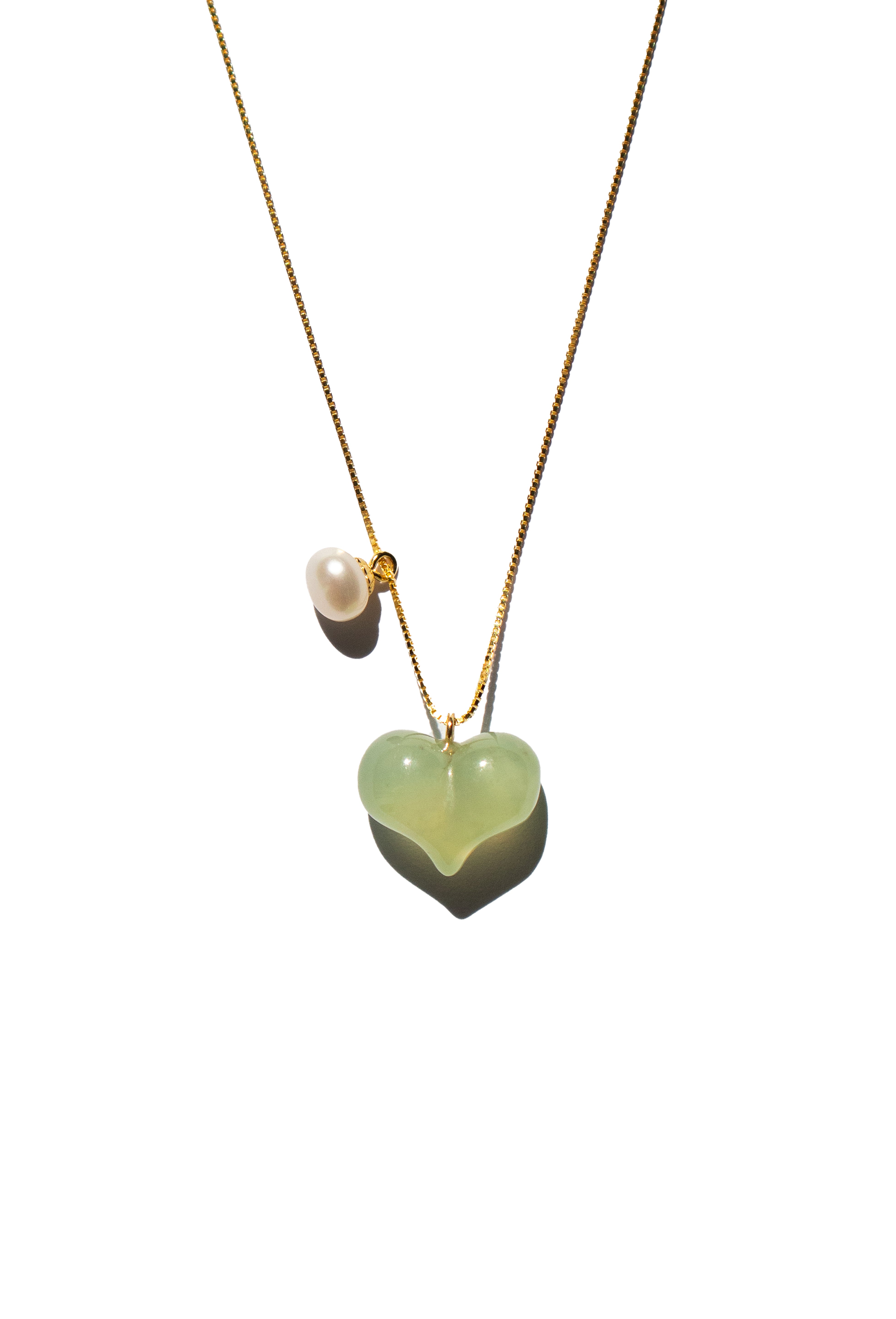 Puffed heart — Green jade & pearl pendant necklace - seree