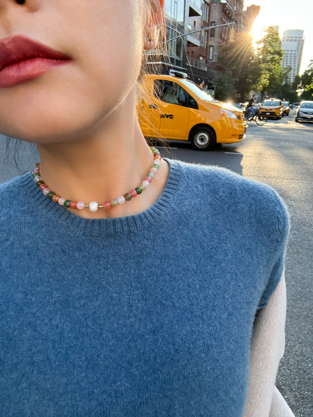 Summer — Beaded gemstone & pearl choker necklace